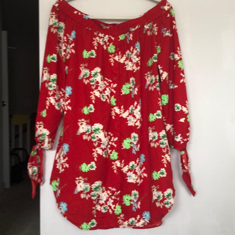 Red floral off the shoulder blouse